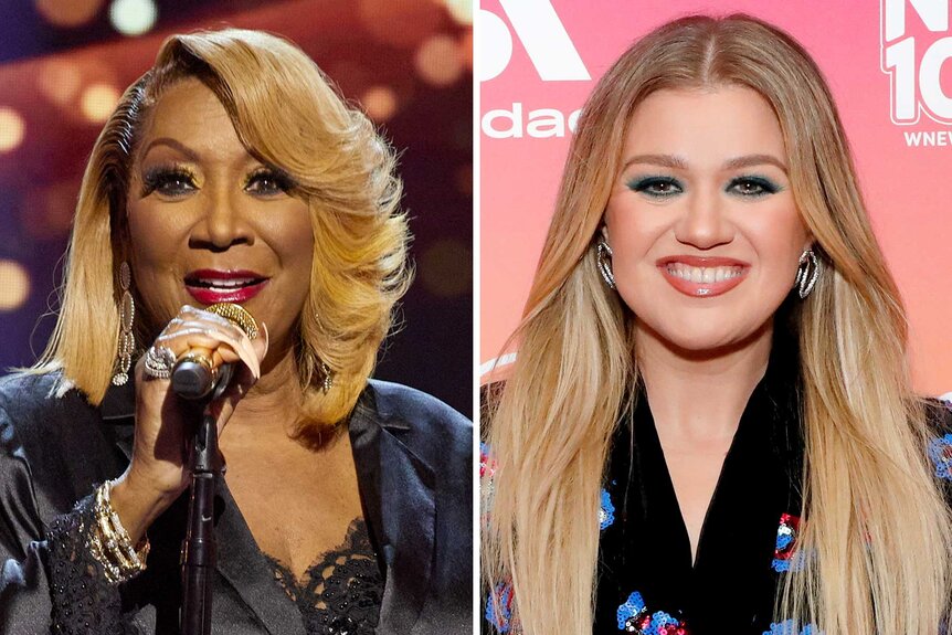 A side by side of Patti LaBelle signing and Kelly Clarkson at an event smiling