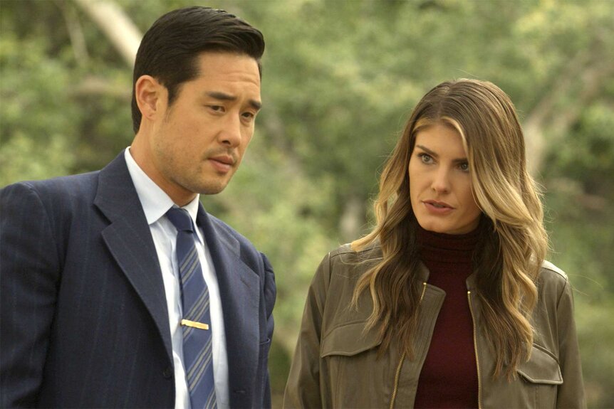 Dr. Ben Song and Addison stand under trees on Quantum Leap episode 203
