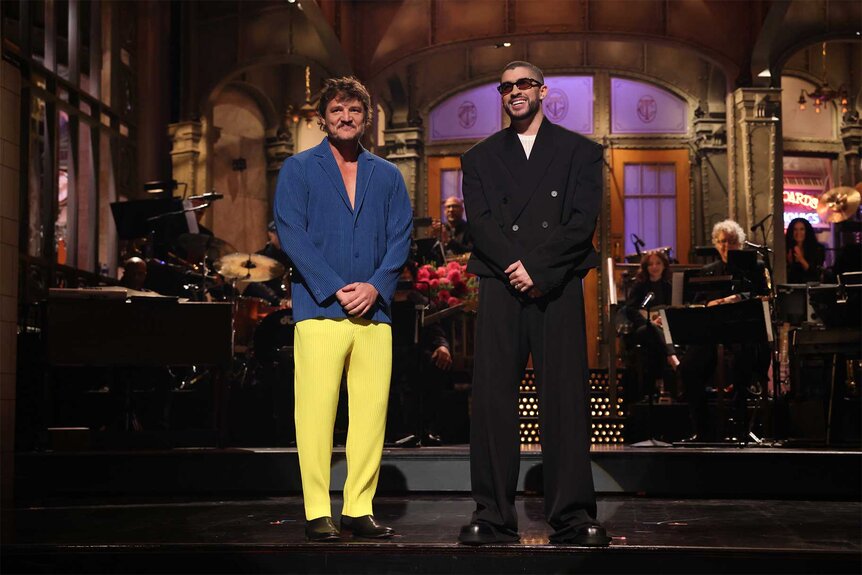 Bad Bunny and Pedro Pascal on stage together on Saturday Night Live