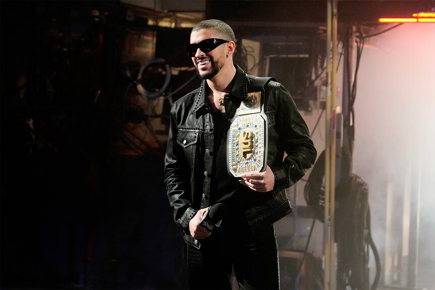 Bad Bunny holds a wrestling belt for Saturday Night Live promos