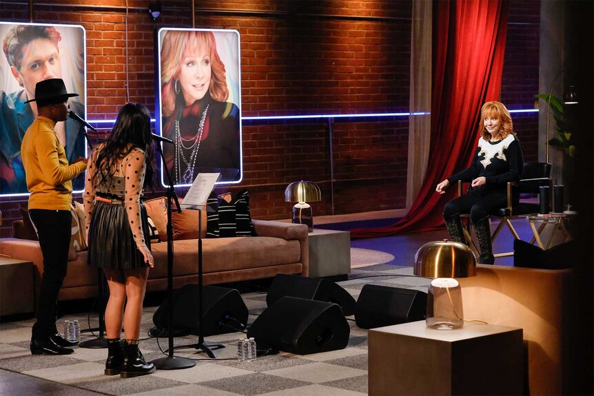 Rachele Nguyen and Mac Royals talk to Reba McEntire on The Voice episode 2410