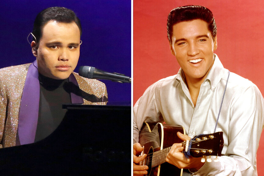 A split of Kodi Lee playing the piano and Elvis playing the guitar