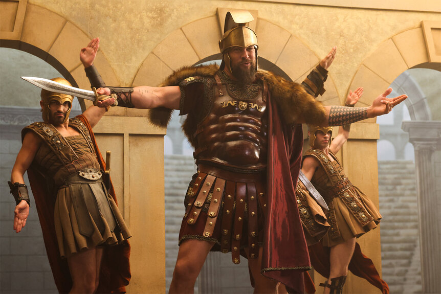 Jason Momoa during a sketch on Saturday Night Live Episode 1849 dressed like the roman empire