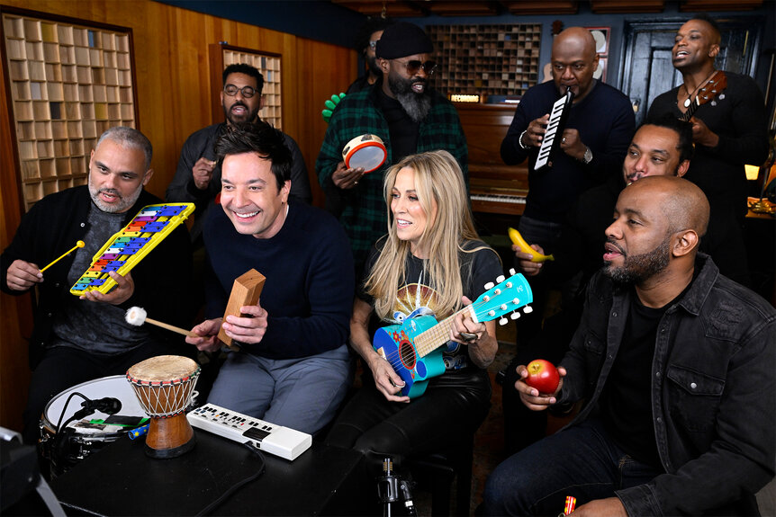 Sheryl Crow the roots and jimmy fallon play kids instruments on The Tonight Show Starring Jimmy Fallon