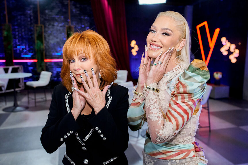 Reba McEntire and Gwen Stefani pose showing off their nails on The Voice Episode 2418