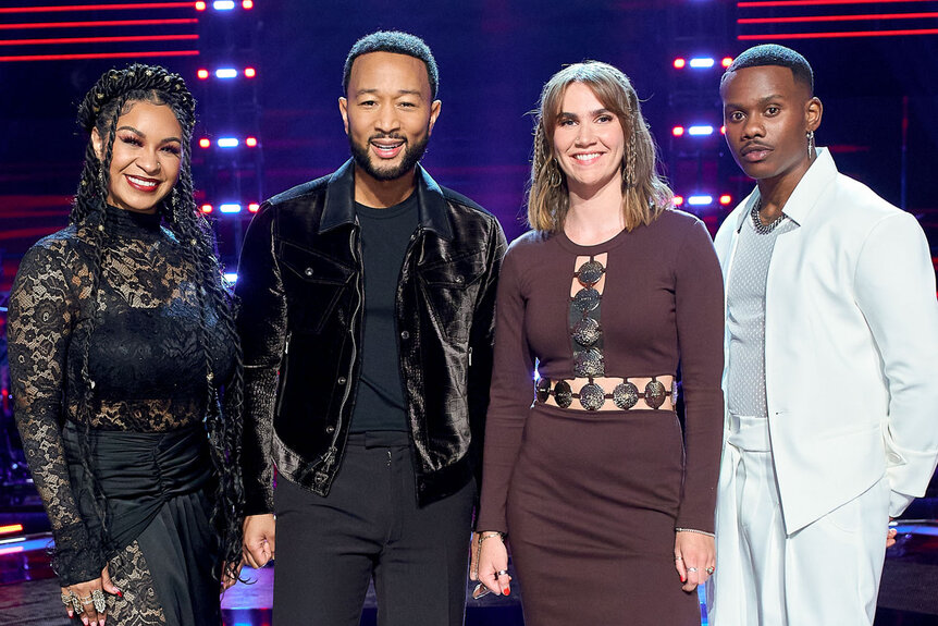 Azán, John Legend, Lila Forde and Mac Royals during The Voice "The Playoffs Part 3"