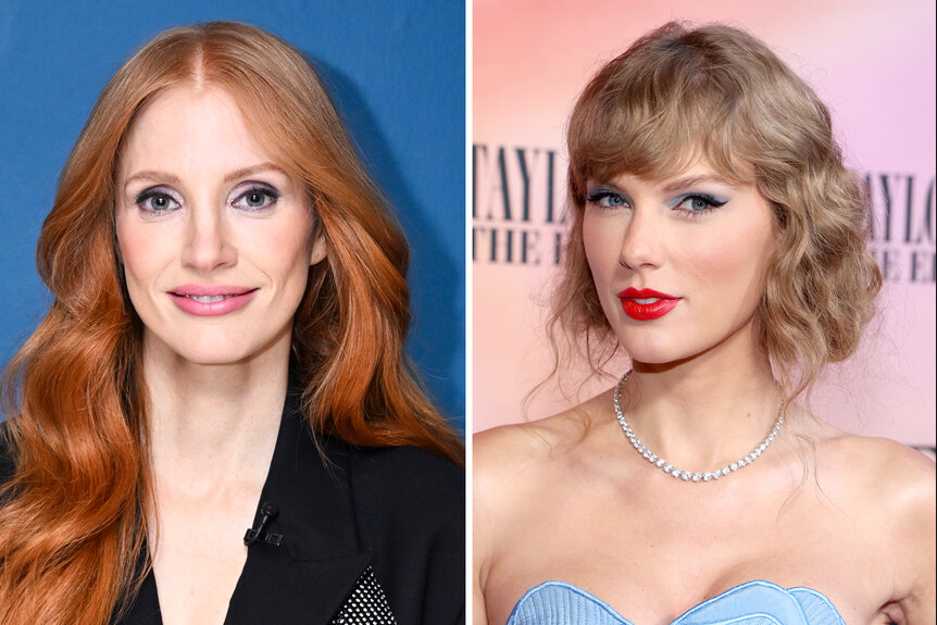 A split of Jessica Chastain and Taylor Swift