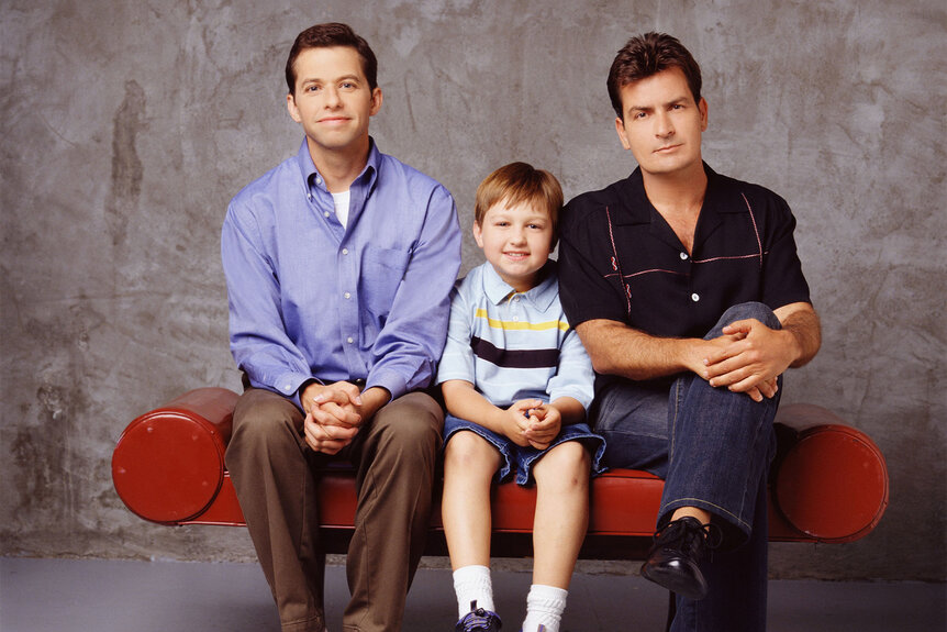 Jon Cryer, Angus T. Jones and Charlie Sheen pose for promotional images for Two and a Half Men