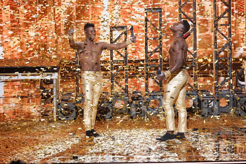 Ramadhani Brothers on stage during their golden buzzer moment on AGT: Fantasy League Episode 102
