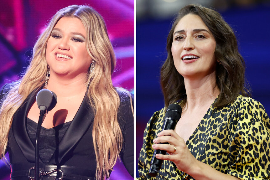 A split of Kelly Clarkson and Sara Bareilles performing