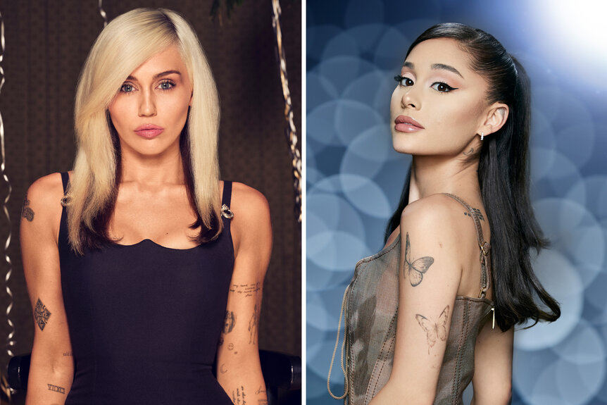 A split of Miley Cyrus and Ariana Grande