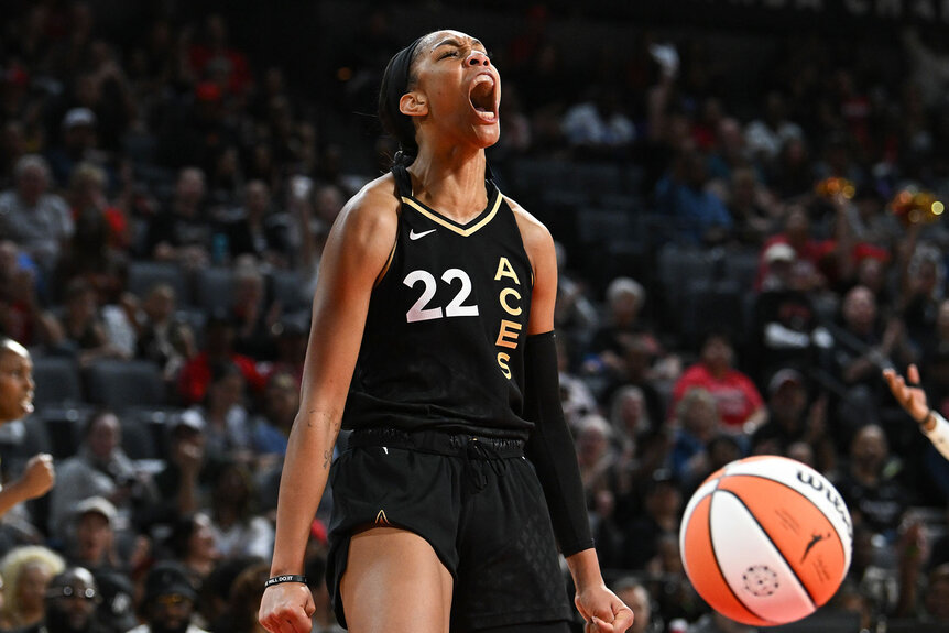 A'ja Wilson reacts to a play in the third quarter of Game One of the 2023 WNBA Playoffs semifinals against the Dallas Wings