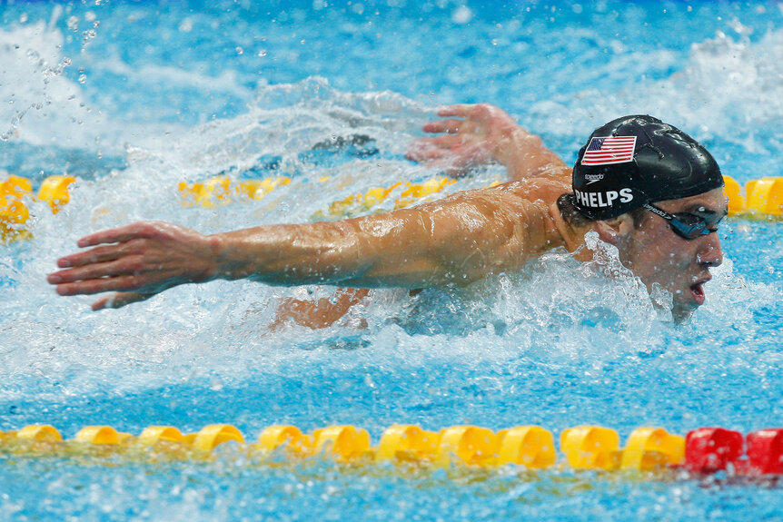 Michael Phelps of the Unites States competes in the butterfly leg of the Men's 4x100 Medley Relay held at the National Aquatics Centre during Day 9 of the Beijing 2008 Olympic Games