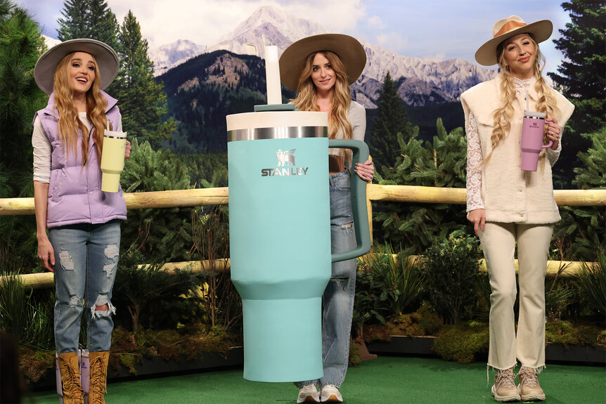 Chloe Fineman, Host Dakota Johnson and Heidi Gardner during the Big Dumb Cup SNL Sketch