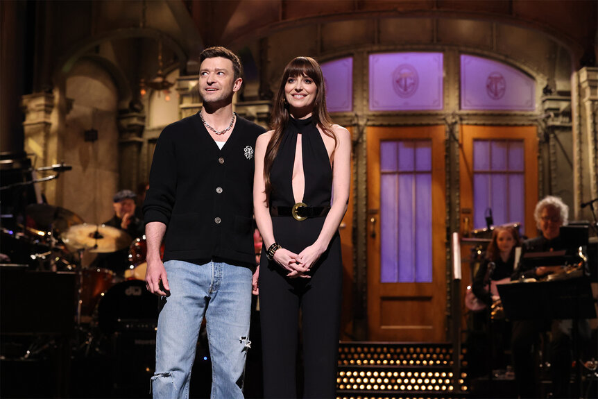 Justin Timberlake joins Dakota Johnson during her monologue on Saturday Night Live Episode 1854