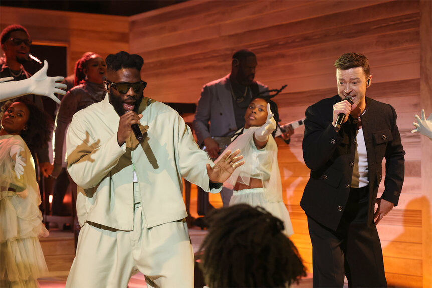 Justin Timberlake performs on stage with Tobe Nwigwe on Saturday Night Live Episode 1854