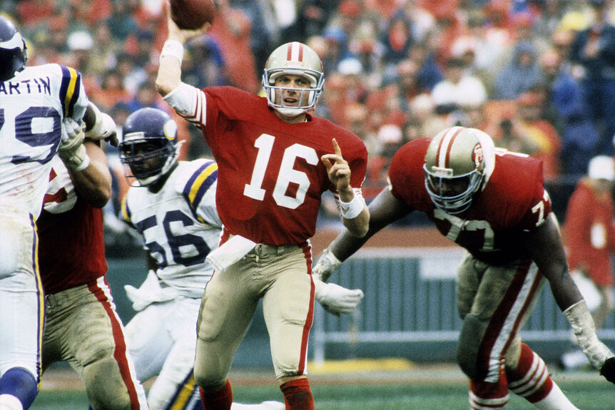 Hall of Fame quarterback Joe Montana (16) of the San Francisco 49ers throws a pass during the 49ers 36-24 loss to the Minnesota Vikings