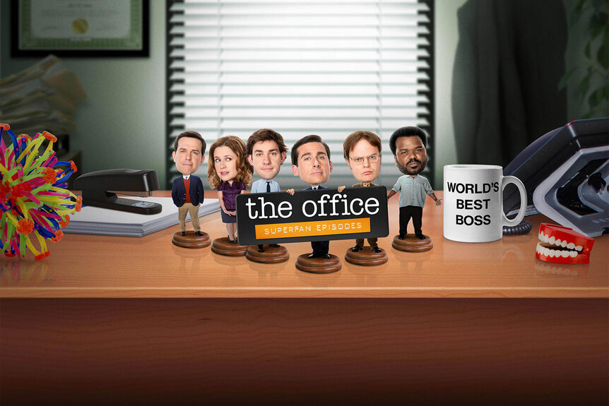 The Office Superfan Episodes Key Art that features bobbleheads on main characters sitting on a desk