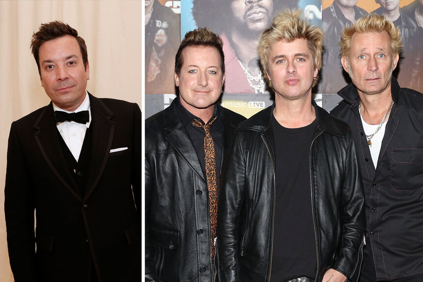 Split of Jimmy Fallon and Tre Cool, Billie Joe Armstrong and Mike Dirnt of Green Day