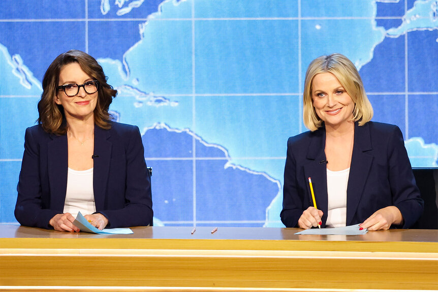 Tina Fey and Amy Poehler do the weekend update at the 75th Primetime Emmy Awards