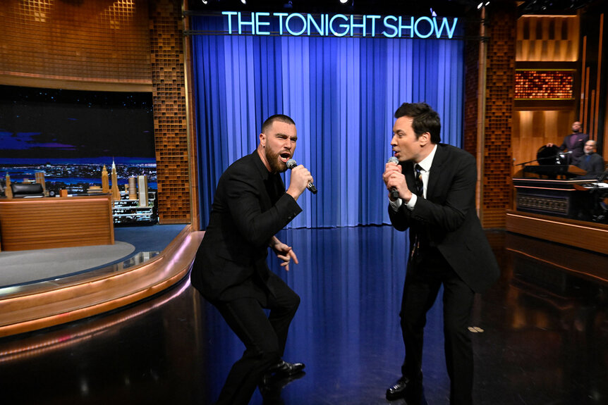 Travis Kelce and Tonight Show host Jimmy Fallon rap together