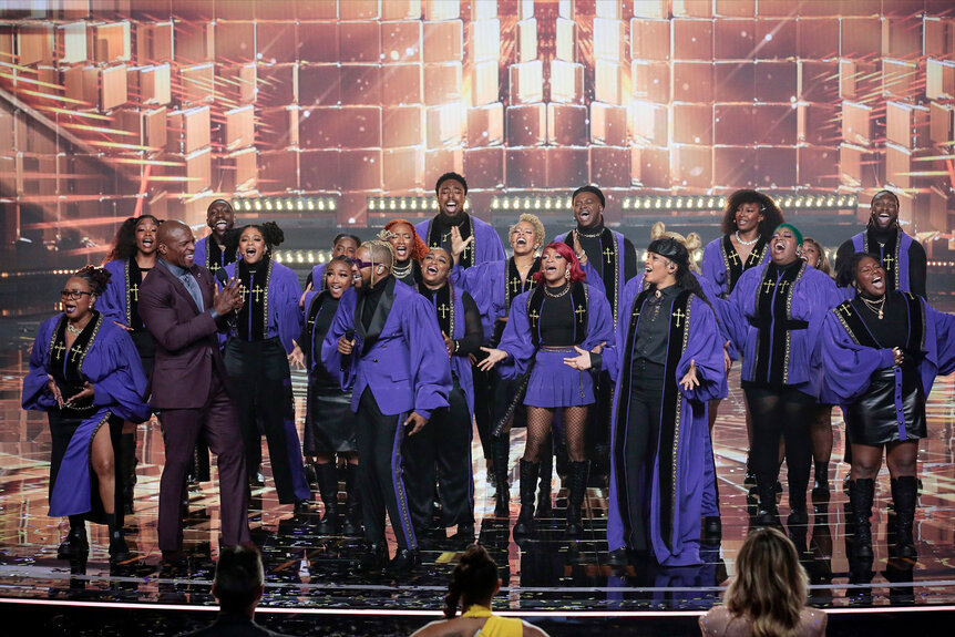 Sainted appear onstage during Season 1 Episode 7 of America’s Got Talent: Fantasy League
