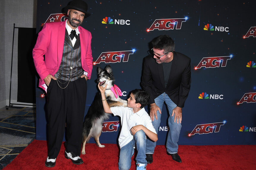 Winners of AGT Season 18 Adrian Stoica and Hurricane, and Eric Philip Cowell, and Simon Cowell arrive at the red carpet For "America's Got Talent"