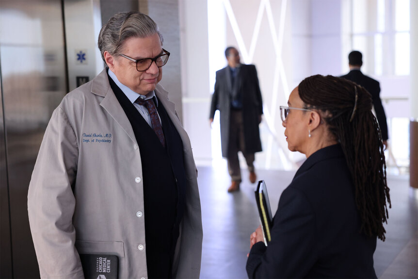 Dr. Daniel Charles talks to Sharon Goodwin in the hospital on Chicago Med Episode 905