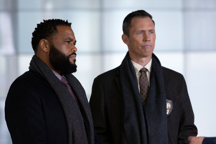 Anthony Anderson as Detective Kevin Bernard and Jeffrey Donovan as Detective Frank Cosgrove in Season 21 Episode 1 of Law & Order