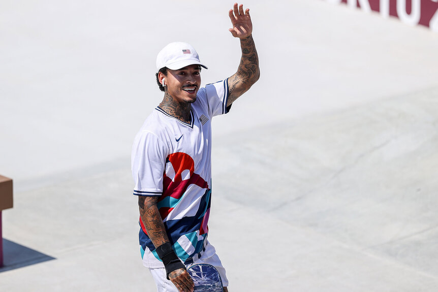 Nyjah Huston of Team USA reacts at the Skateboarding Men's Street Finals on day two of the Tokyo 2020 Olympic Games at Ariake Urban Sports Park on July 25, 2021 in Tokyo, Japan.