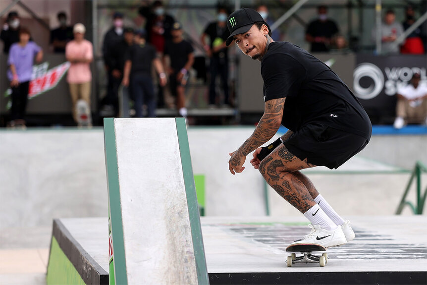 Nyjah Huston trains during practice for the Men's Pre-seeded Street competition during the 2021 Dew Tour on on May 20, 2021 in Des Moines, Iowa