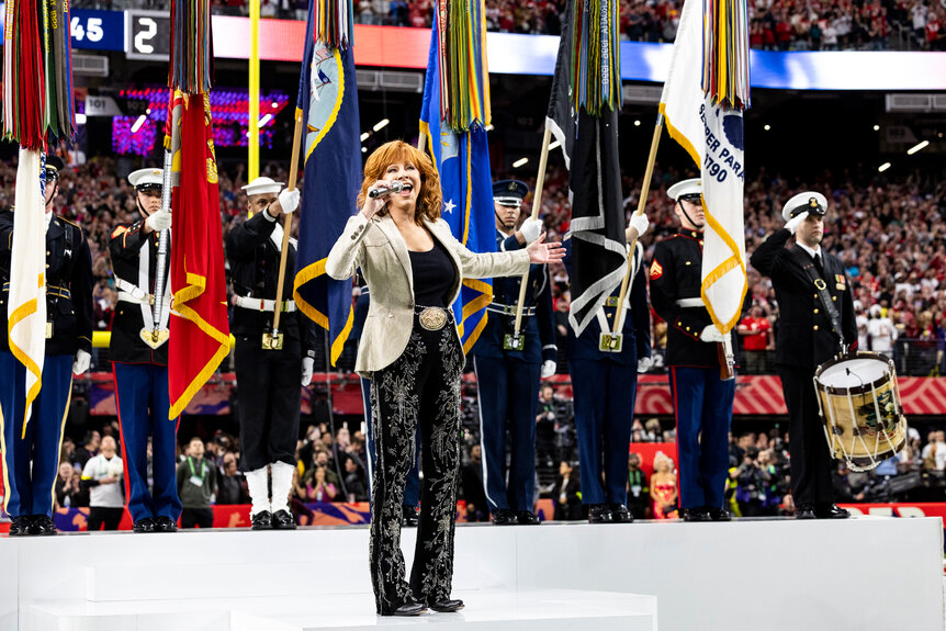 Reba McEntire performs the national anthem at the 2024 Super Bowl
