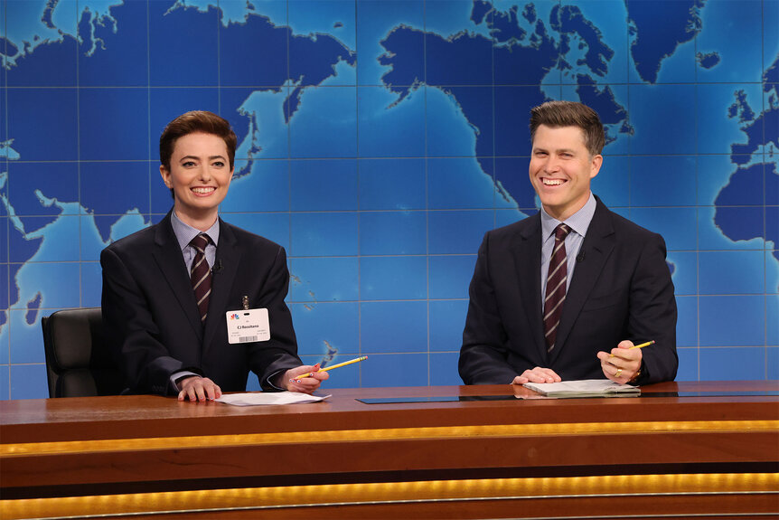 Sarah Sherman and Colin Jost during the weekend update on Saturday Night Live Episode 1855