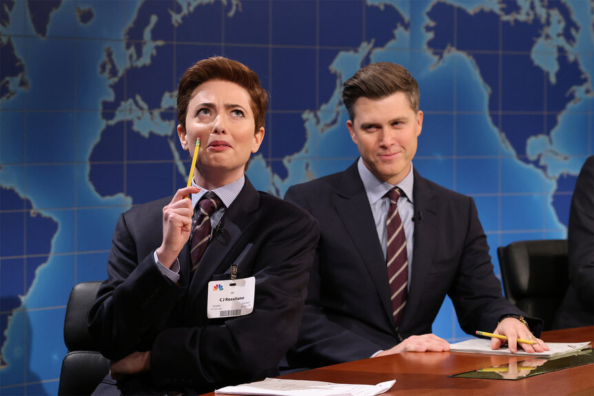 Sarah Sherman and Colin Jost during the weekend update on Saturday Night Live Episode 1855