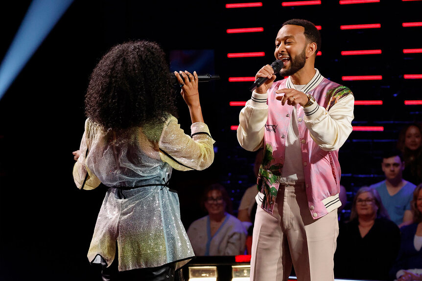 Nadège and John Legend perform during Season 25 Episode 1 of The Voice