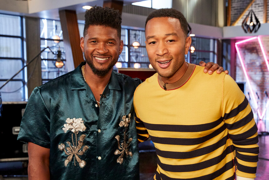 Usher and John Legend smile together for the voice season 17