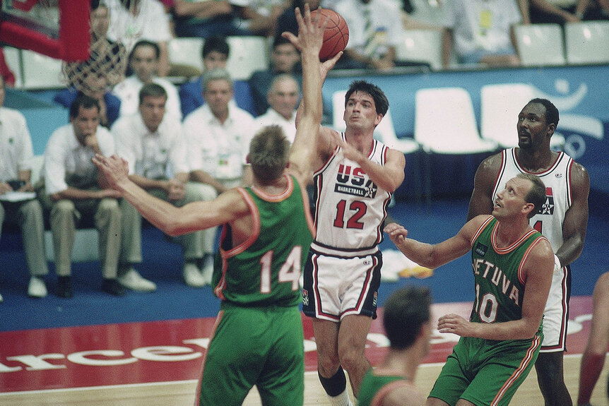 John Stockton takes a shot during the 1992 Summer Olympics