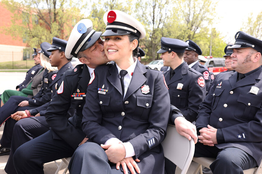 Kelly Severide (Taylor Kinney) and Stella Kidd (Miranda Rae Mayo) appear in Season 9 Episode 15 of Chicago Fire