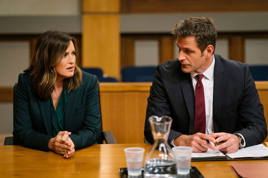 Lieutenant Olivia Benson (Mariska Hargitay) and Trevor Langan (Peter Hermann) appear in Season 19 Episode 5 of Law & Order: SVU