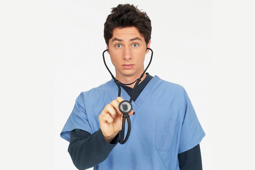 Dr. John 'J.D.' Dorian wears a stethoscope in Scrubs Season 1.