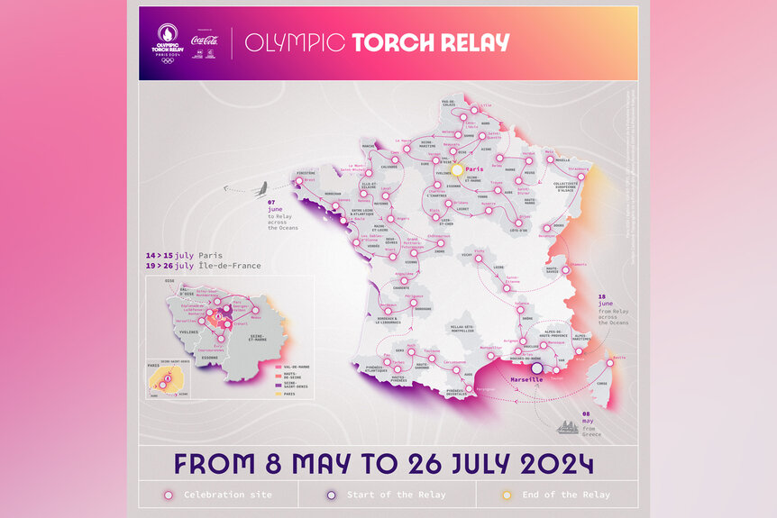 The Torch Relay Map for The Paris 2024 Olympics.