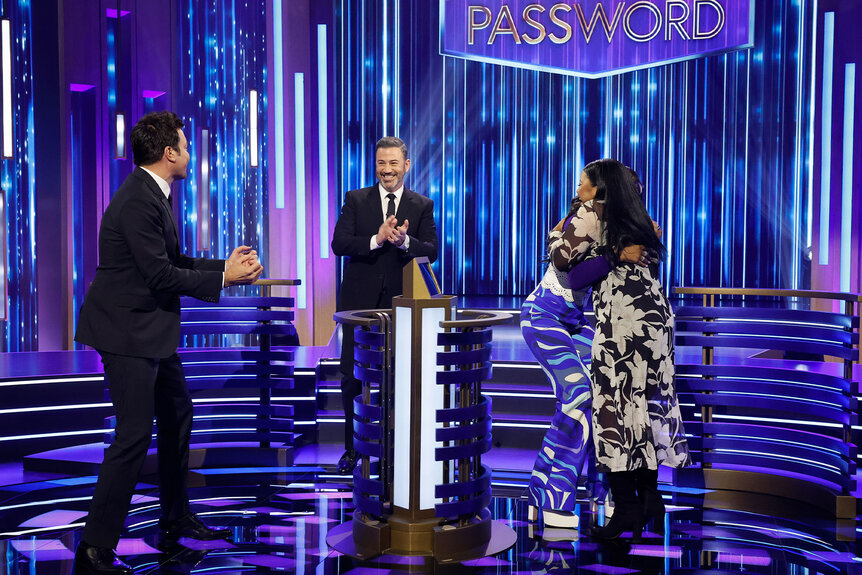 Jimmy Fallon, Jimmy Kimmel, Keke Palmer, and a contestant play Password