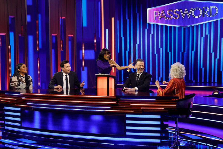 A contestant, Jimmy Fallon, Keke Palmer, Jimmy Kimmel, and another contestant play Password