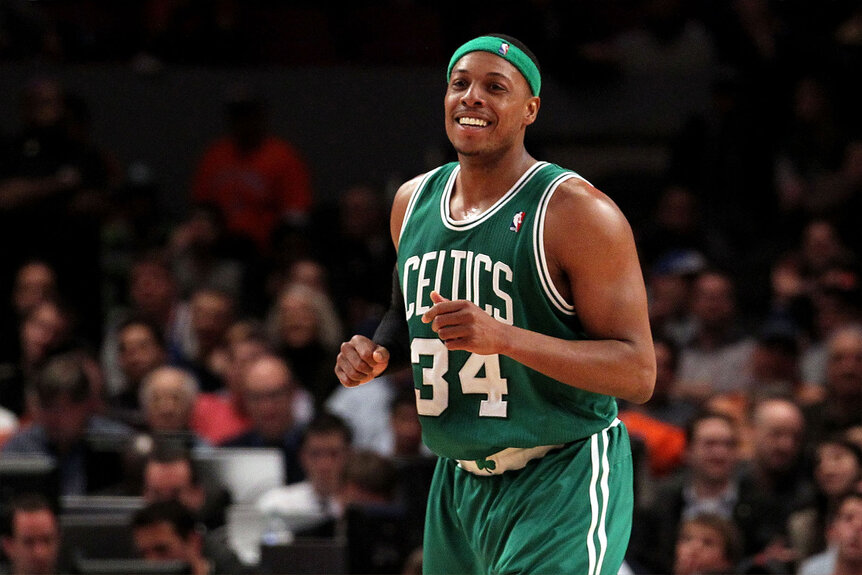 Paul Pierce reacts against the New York Knicks in Game Three of the Eastern Conference Quarterfinals in the 2011 NBA Playoffs