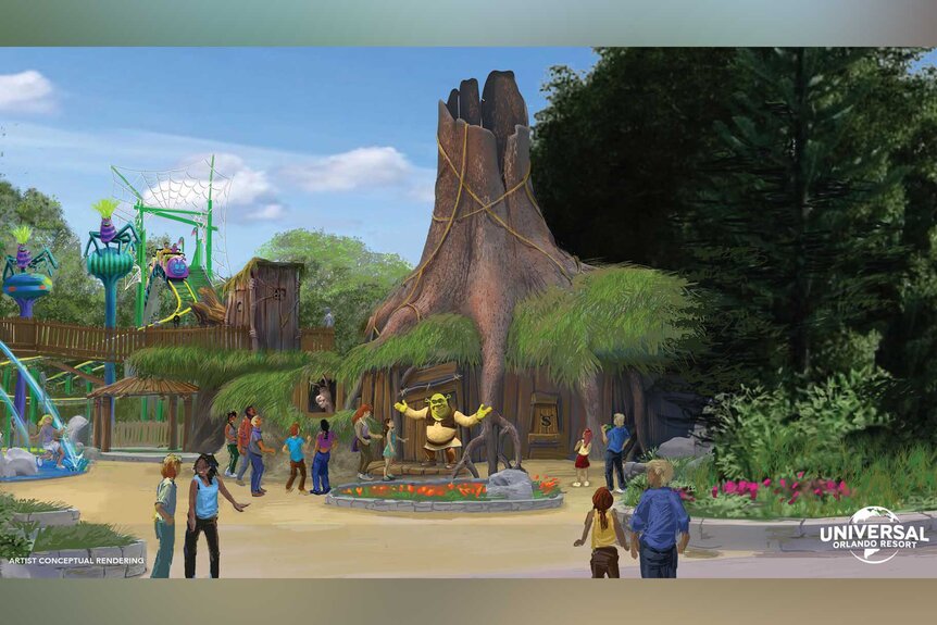 An artists rendering of Shreks Swamp Meet At Dreamworks Land At Universal Orlando Resort