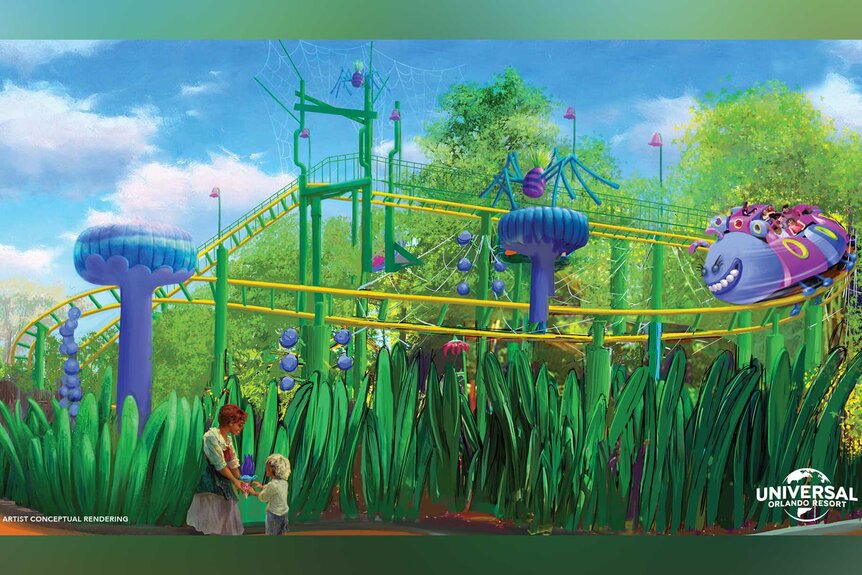A rendering of the Trolls Trollercoaster At Dreamworks Land At Universal Orlando Resort