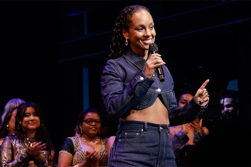 Closeup of Alicia Keys speaking onstage during "Hell's Kitchen" Broadway opening night