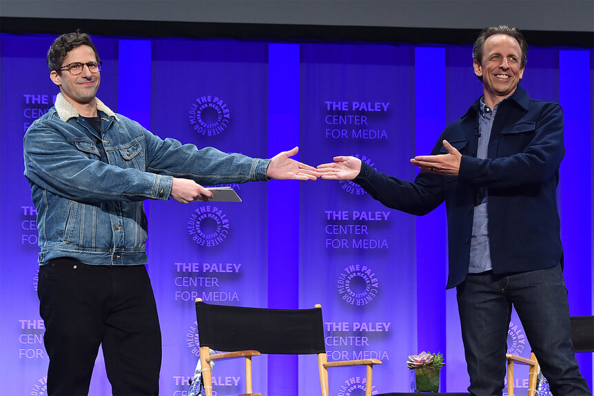 Andy Samberg and Seth Meyers on stage at the the Late Night with Seth Meyers Paley Center/FYC event