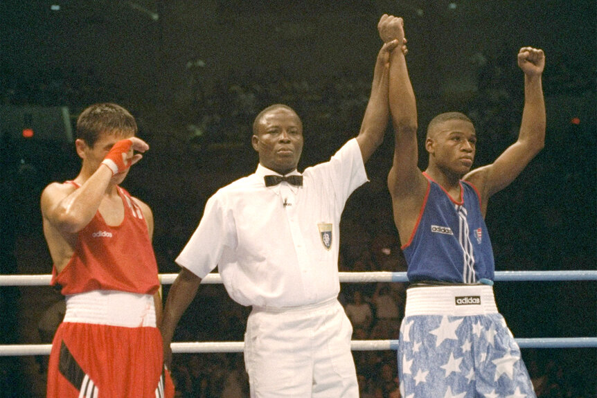 Floyd Mayweather Jr. in the ring after beating B. Tileganev of Kazahkstan at the 1996 olympics