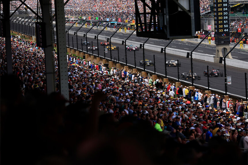 General view of cars on the track during The 107th Running of the Indianapolis 500